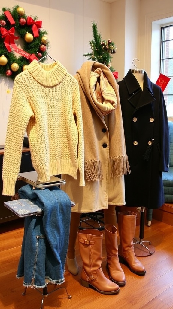 A collection of Christmas clothing gift ideas including a sweater, coat, scarf, and boots on a festive table.